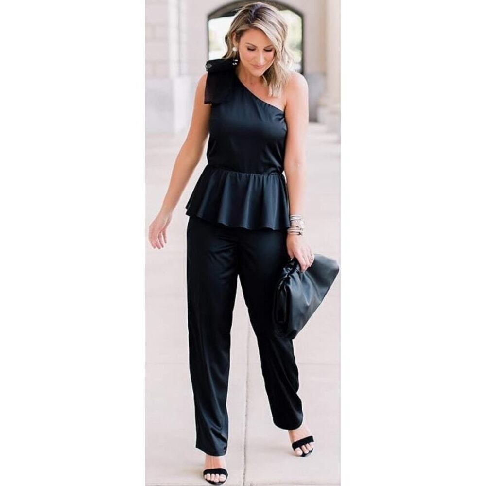 One-Shoulder Silky Stretch Jumpsuit with Peplum Flounce- The Drop,  Black XS